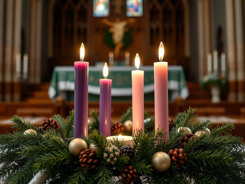Advent wreath with four candles in a church setting