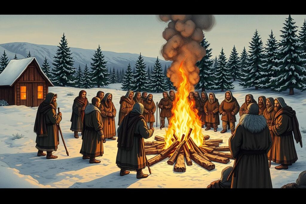 Ancient winter solstice celebration with people gathered around a bonfire