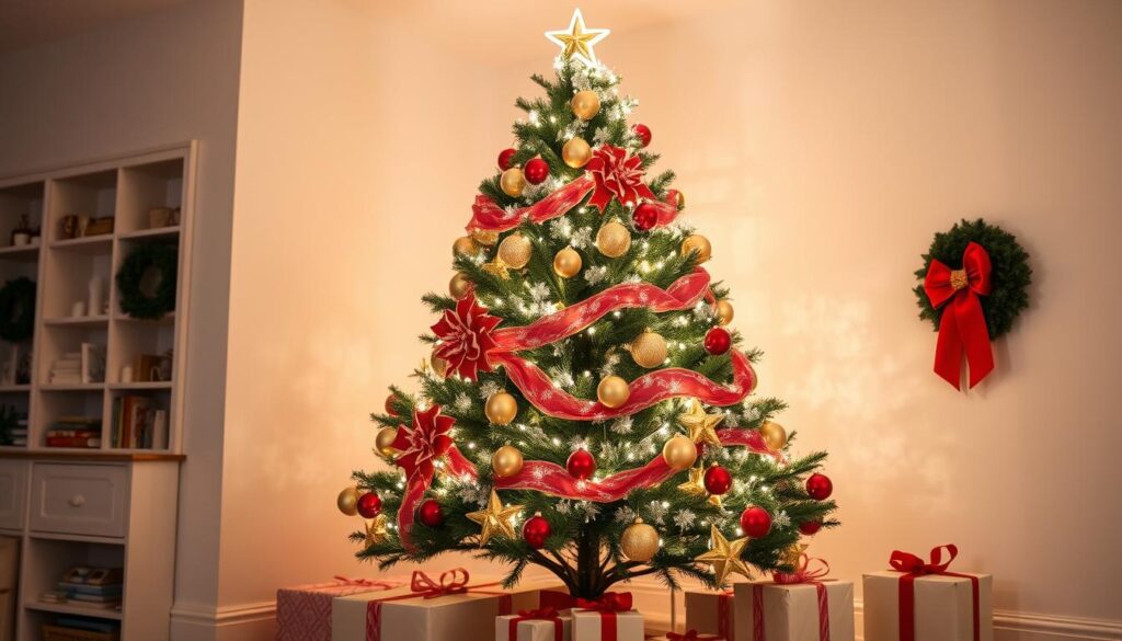 Beautifully decorated Christmas tree with ornaments, lights, and a star topper