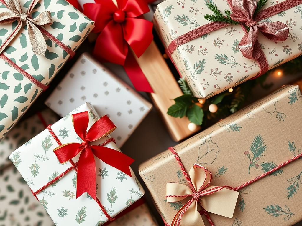 Beautifully wrapped Christmas presents with ribbons and gift tags