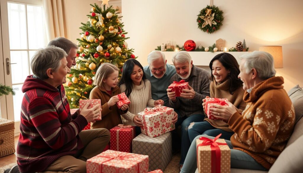 Family exchanging Christmas gifts around a decorated tree