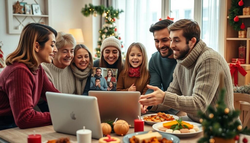 Family having a virtual Christmas celebration with relatives on video call
