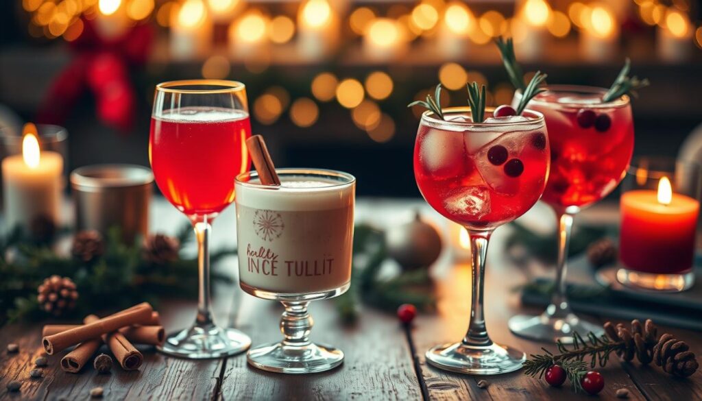 Festive holiday cocktails on table Festive holiday cocktails on table