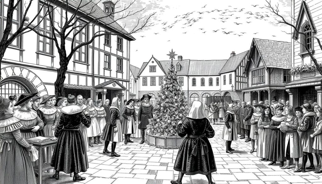 Historical illustration depicting Puritans closing down Christmas celebrations