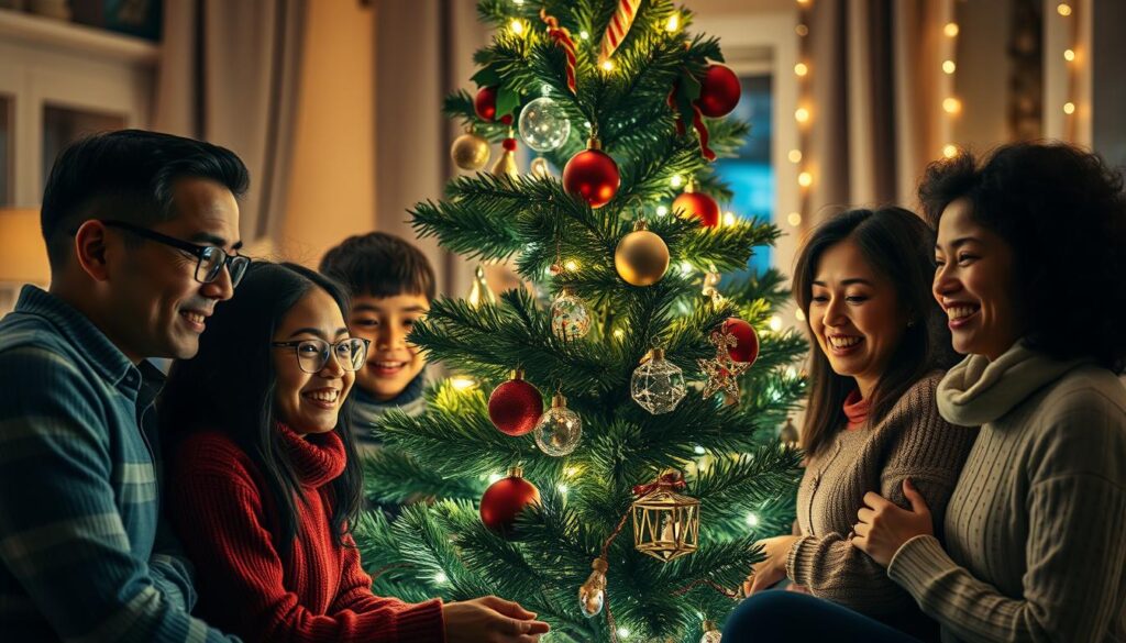Multi-generational family gathered around a Christmas tree, sharing the holiday spirit