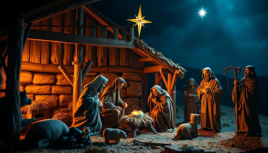 Nativity scene depicting the birth of Jesus with Mary, Joseph, and the Three Wise Men