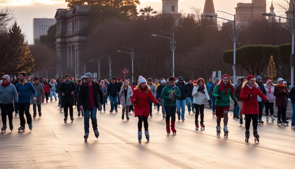 People roller skating to Christmas Mass in Caracas, Venezuela