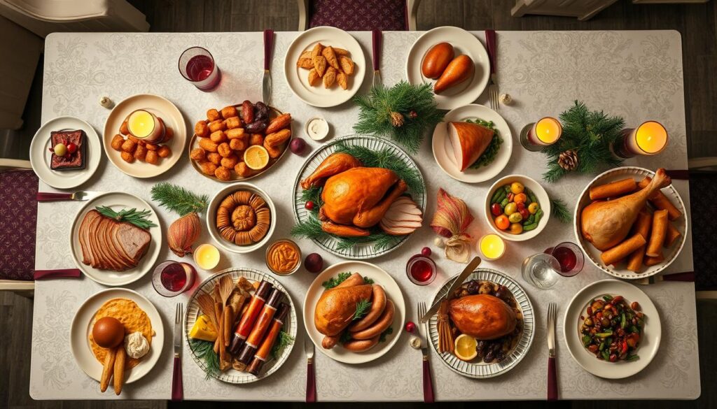 Traditional Christmas dinner with turkey, sides, and festive decorations