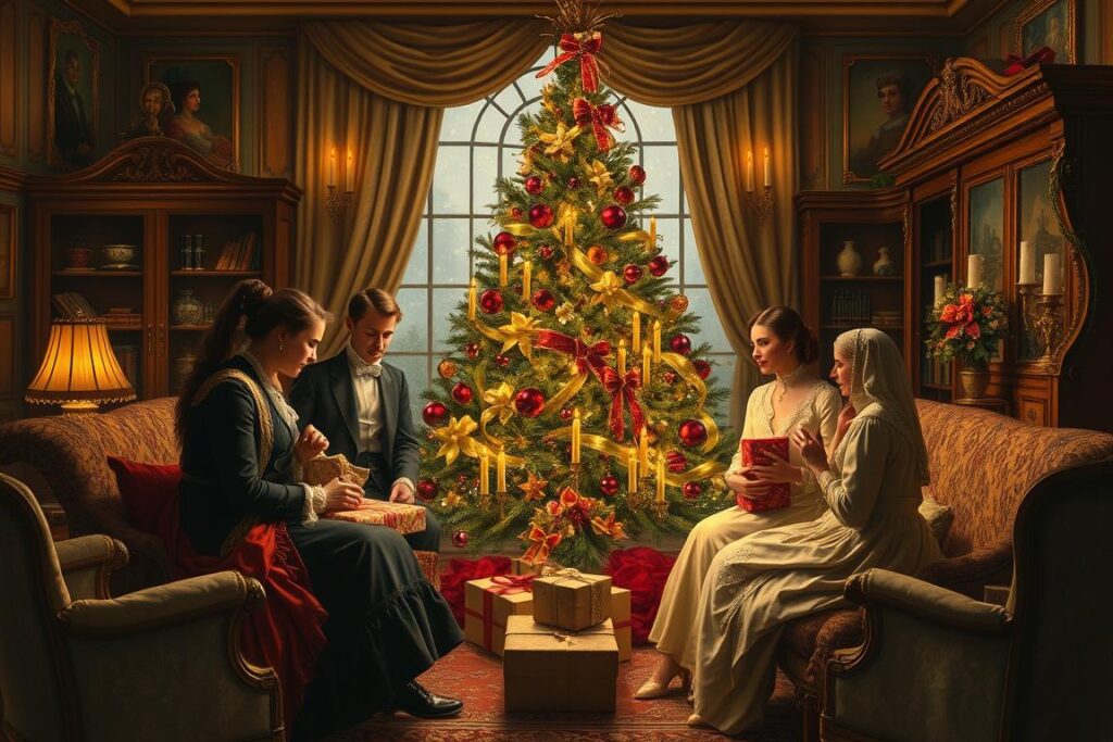 Victorian family gathered around a Christmas tree with presents