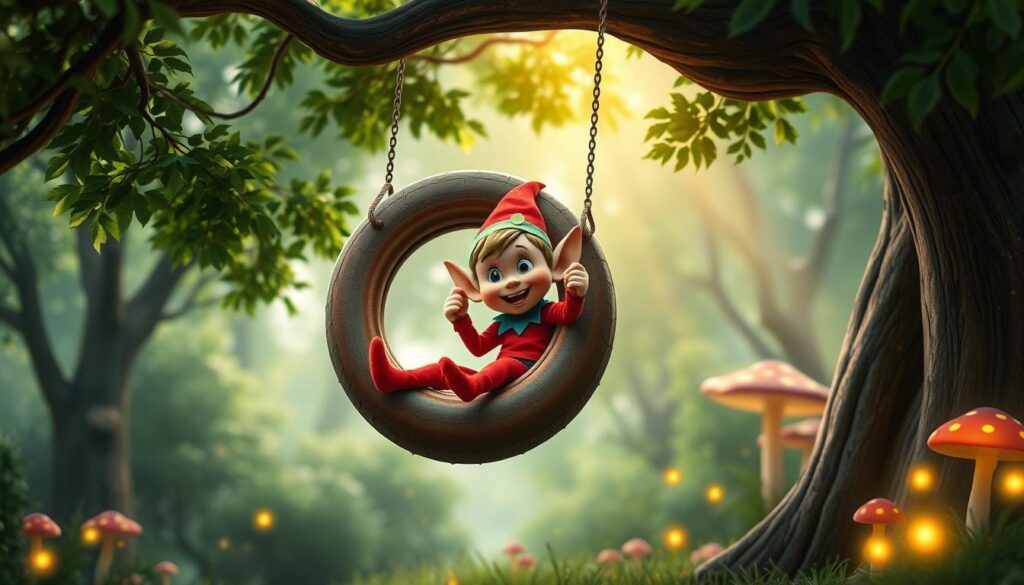 elf having fun on a donut tire swing elf having fun on a donut tire swing